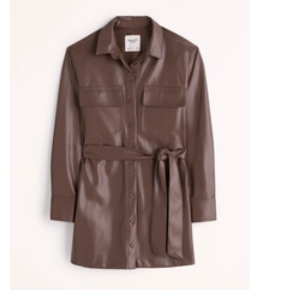 Women’s Brown Faux Leather Shirt Jacket with Belt